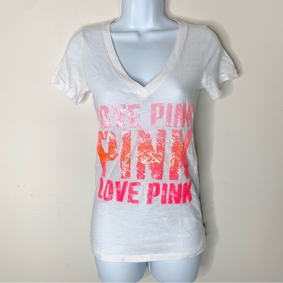 Pink Victoria’s Secret Sequin Letter T-shirt Short sleeve Y2K 2000s White XS - Picture 6 of 12